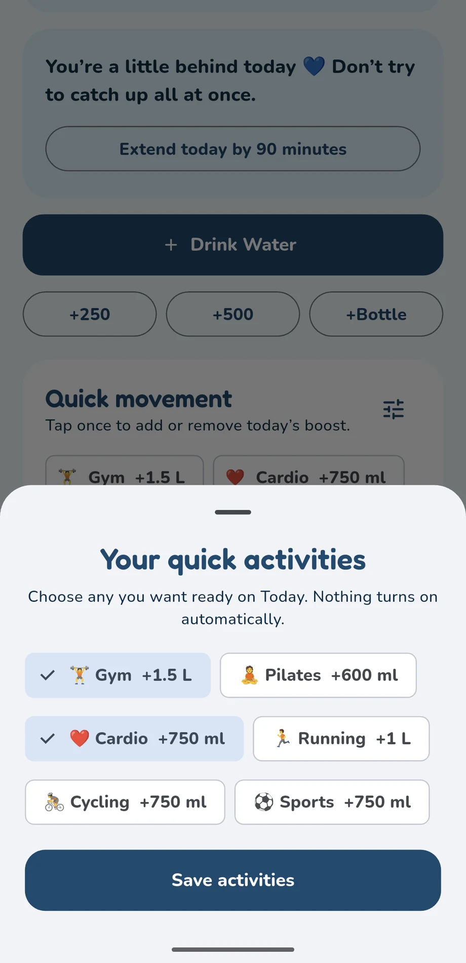 Driply activity picker with Gym, Pilates, Cardio, Running, Cycling and Sports