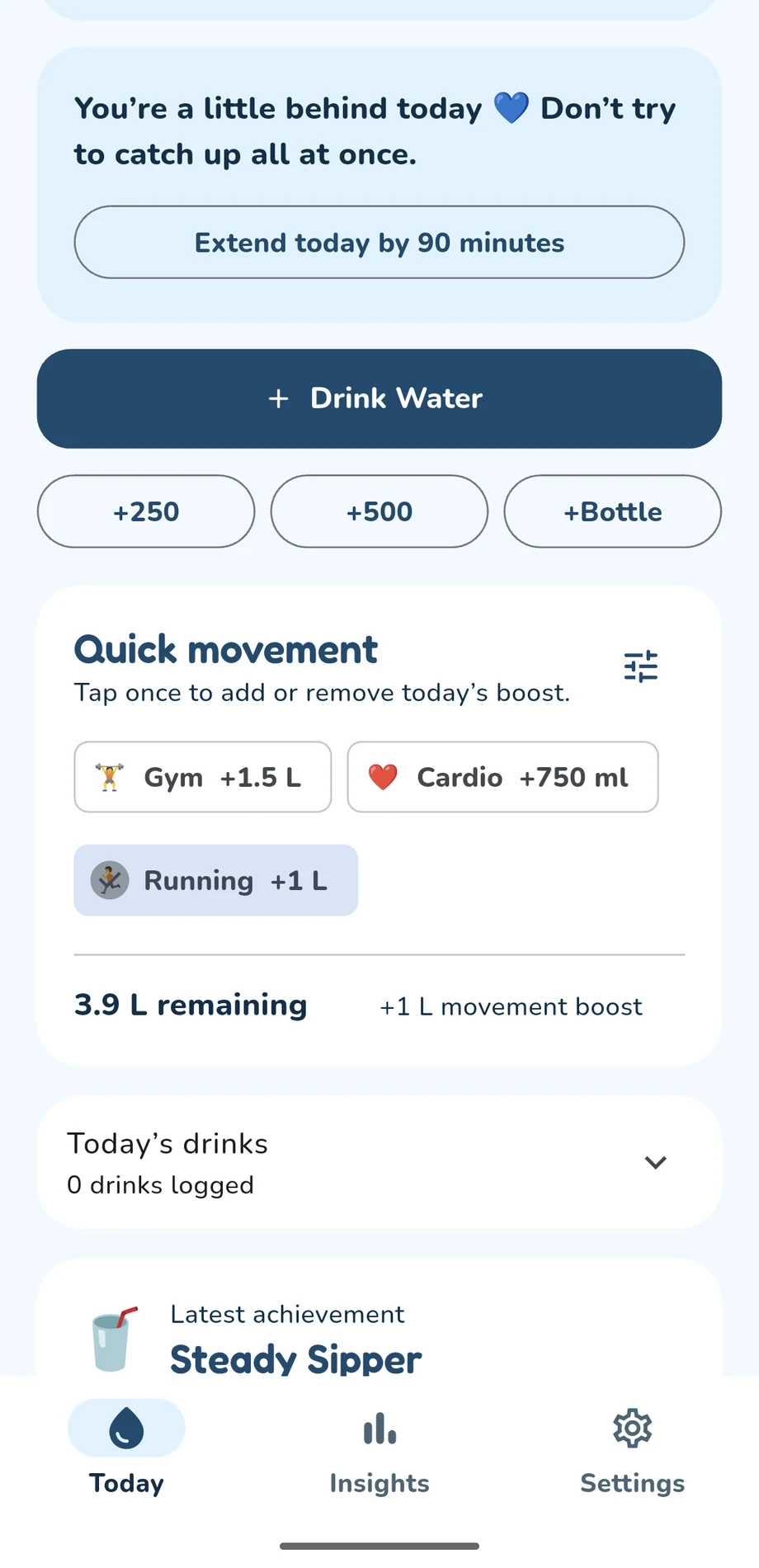 Driply Today screen with Running active and a one litre movement boost