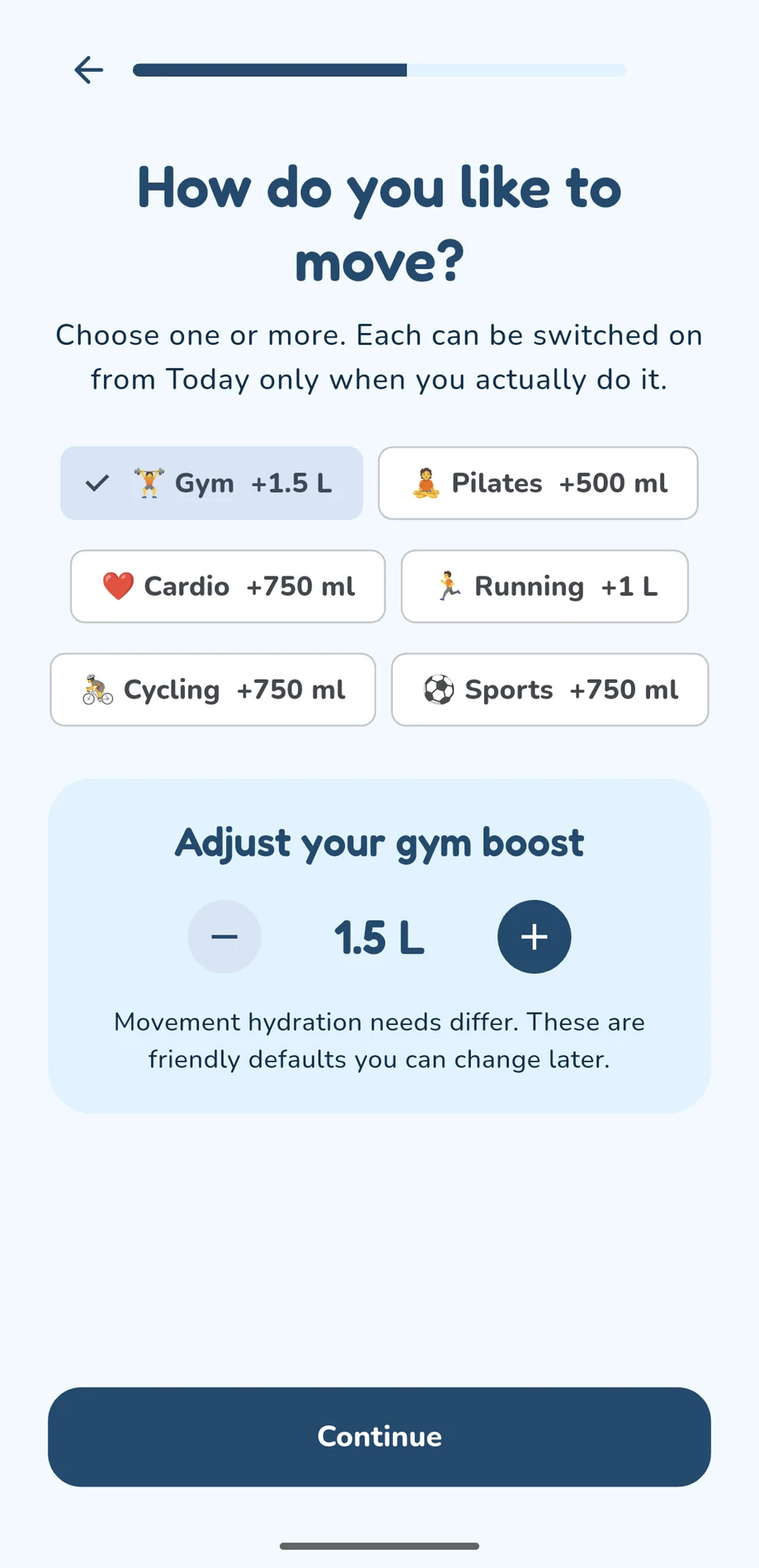 Driply onboarding activity selection with configurable movement boosts