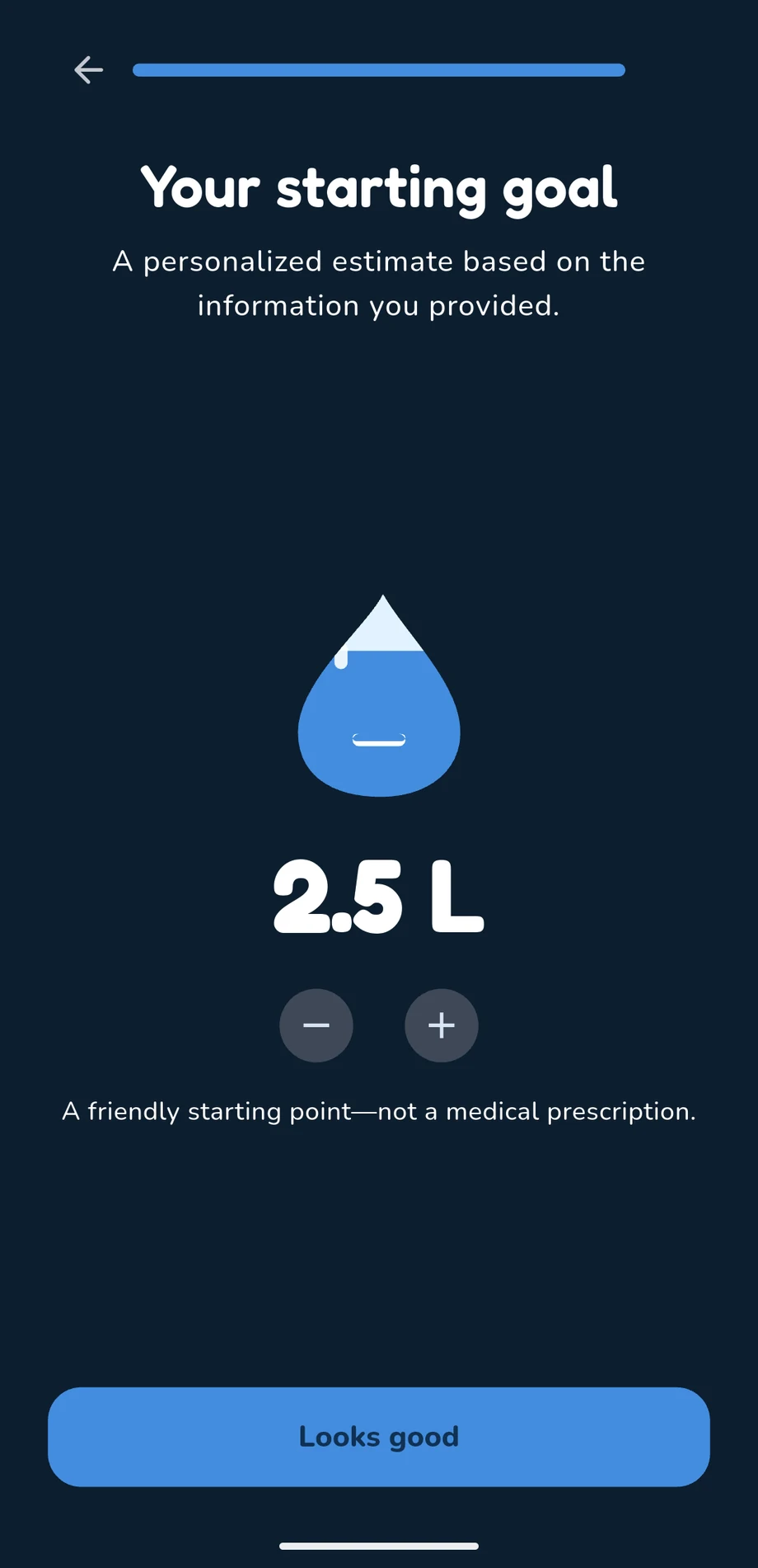 Driply onboarding starting goal screen with an editable 2.5 litre estimate