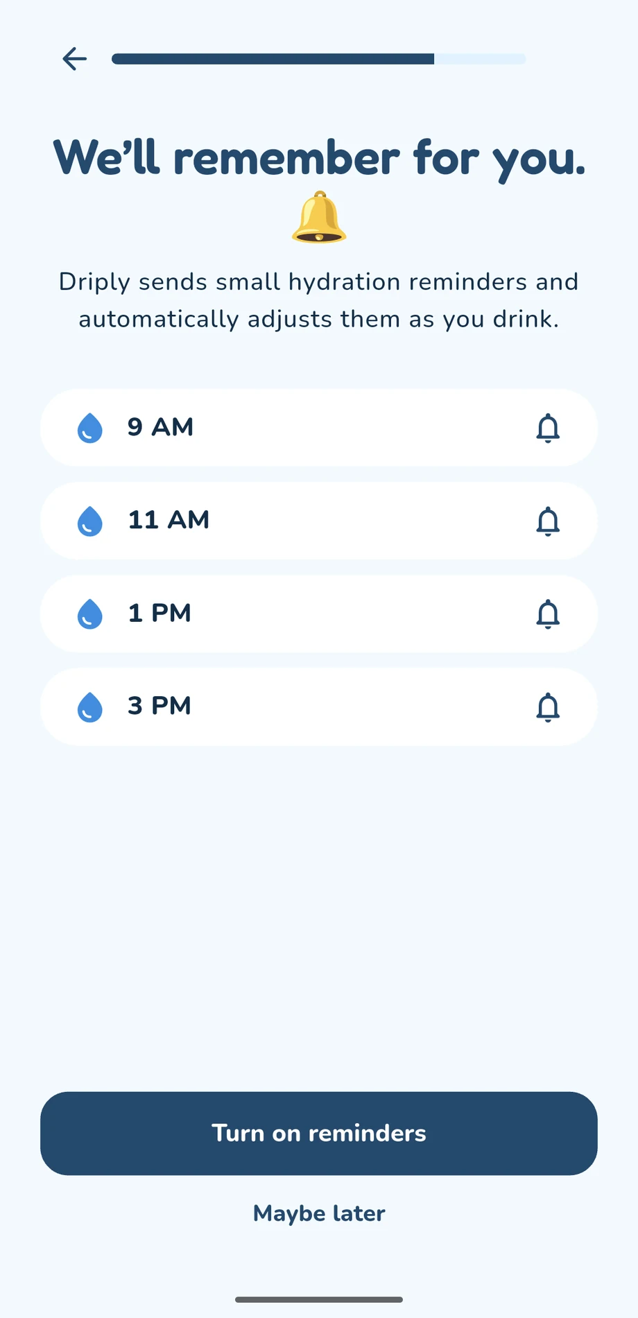 Driply onboarding reminder step showing a day of small hydration reminders