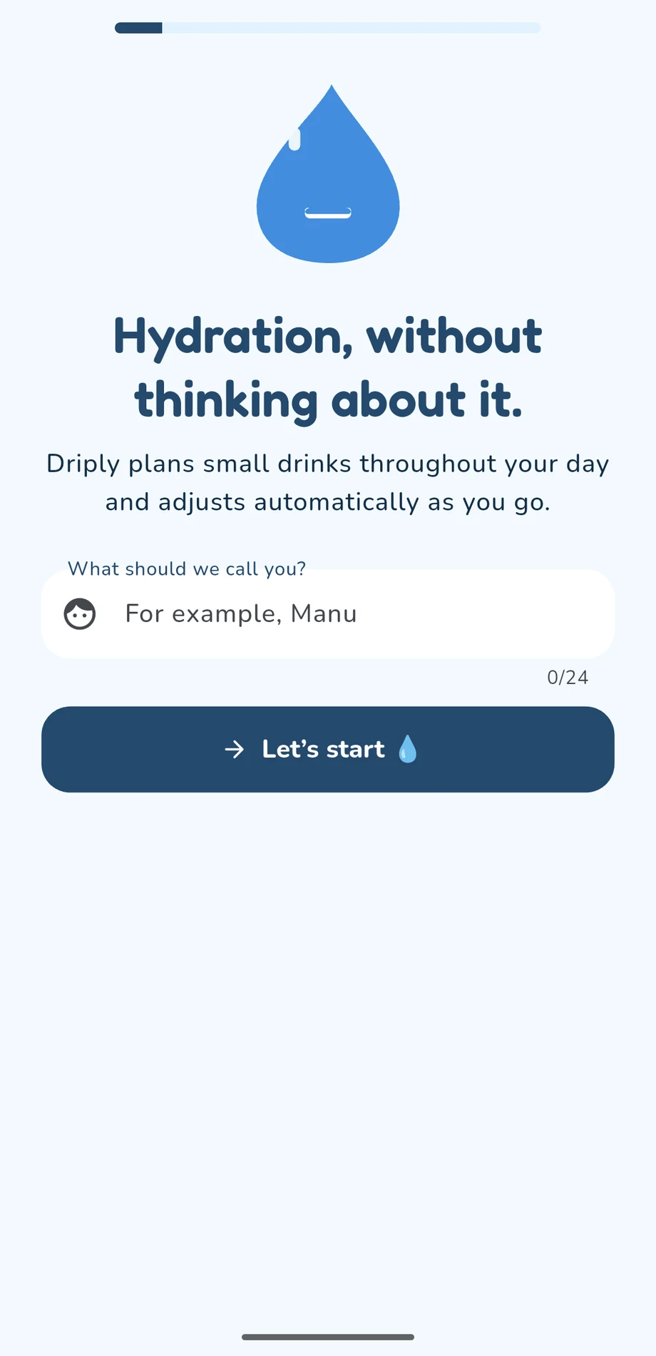 Driply welcome screen asking what to call the user