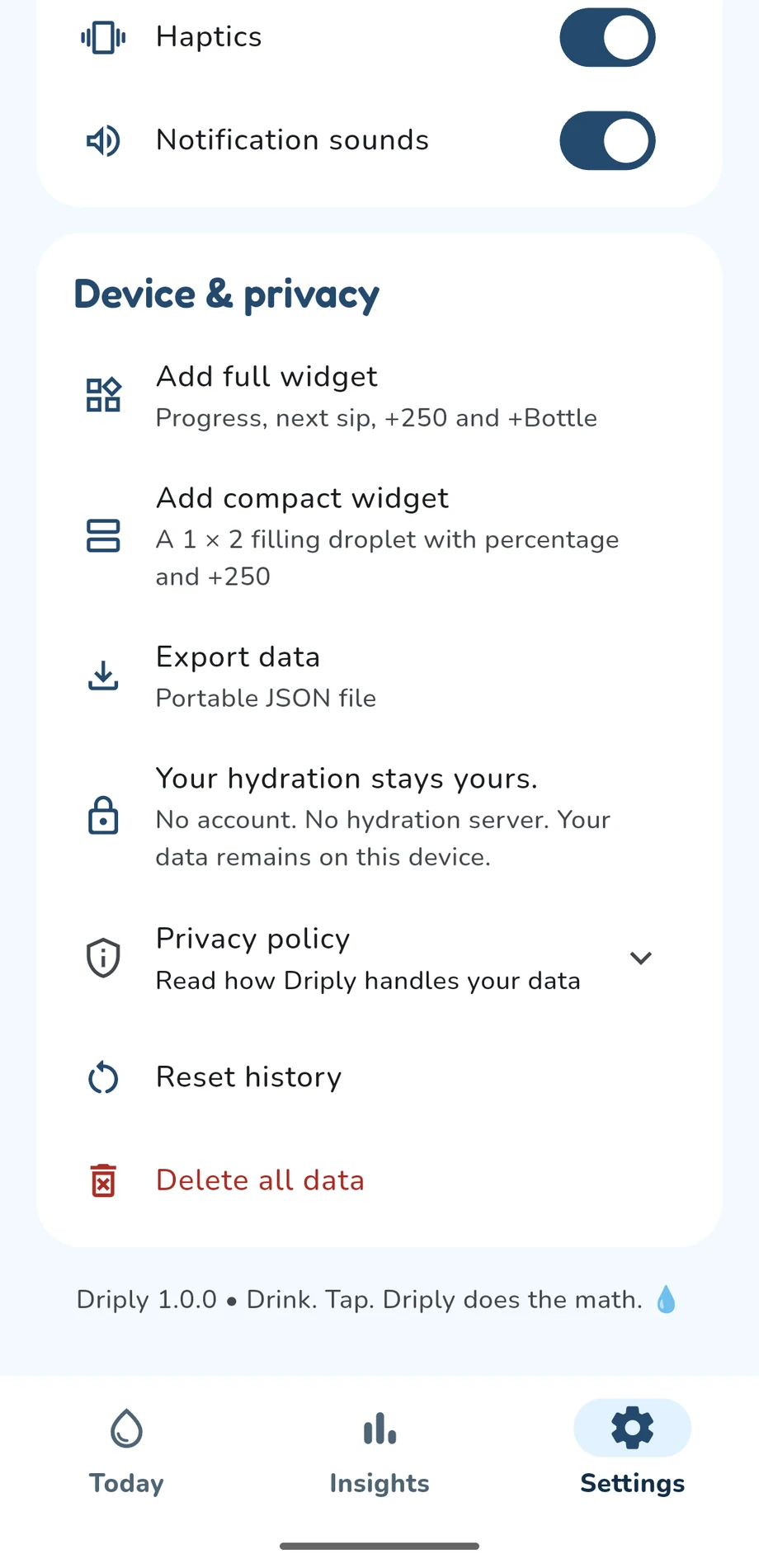 Full Driply Device and privacy settings screen showing local storage, export and deletion controls