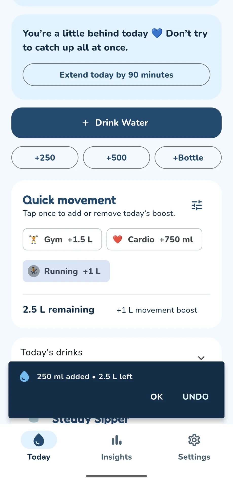 Full Driply Today screen with Drink Water, quick-add and activity controls