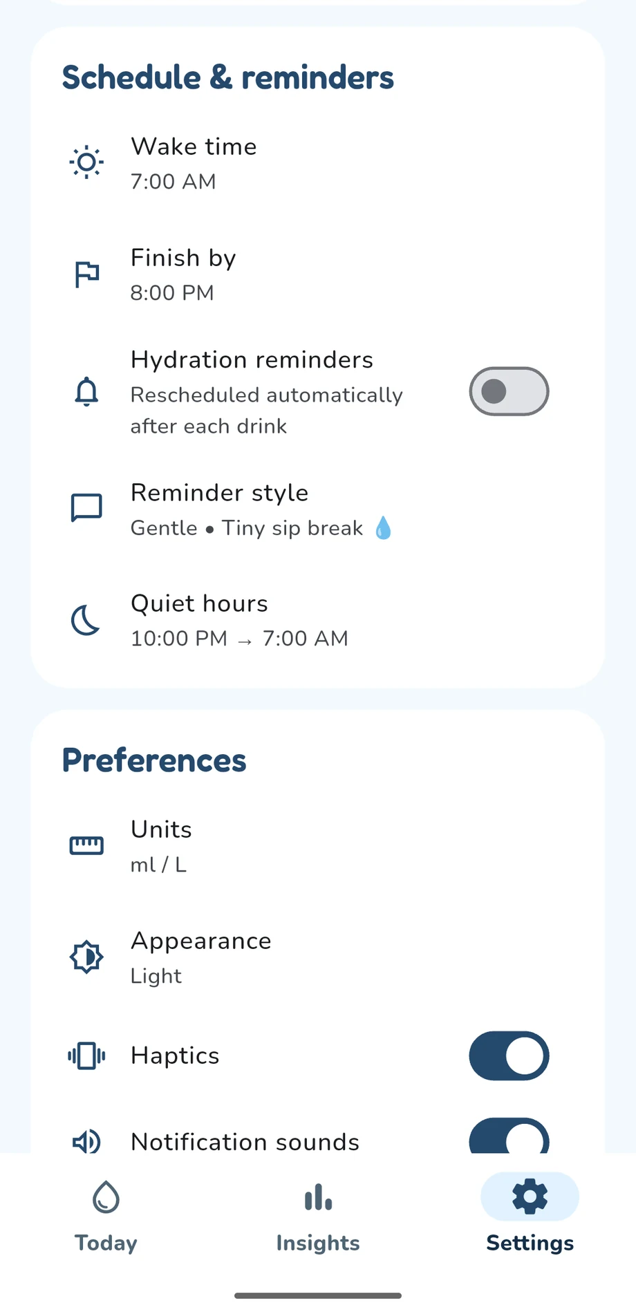 Driply schedule settings with wake time, finish time, reminders, reminder style and quiet hours